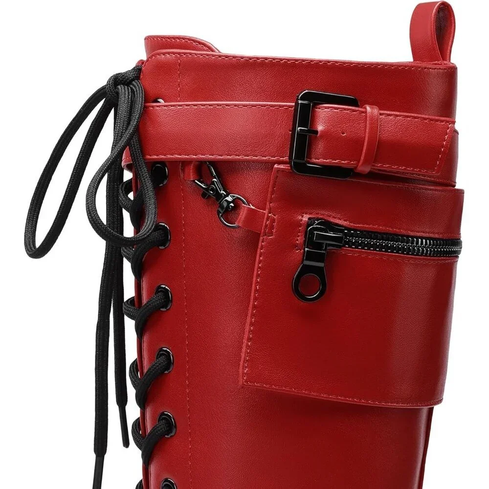 Women's Red DREAM PAIRS Combat Riding Platform Knee-High Boots Lace Up Gothic